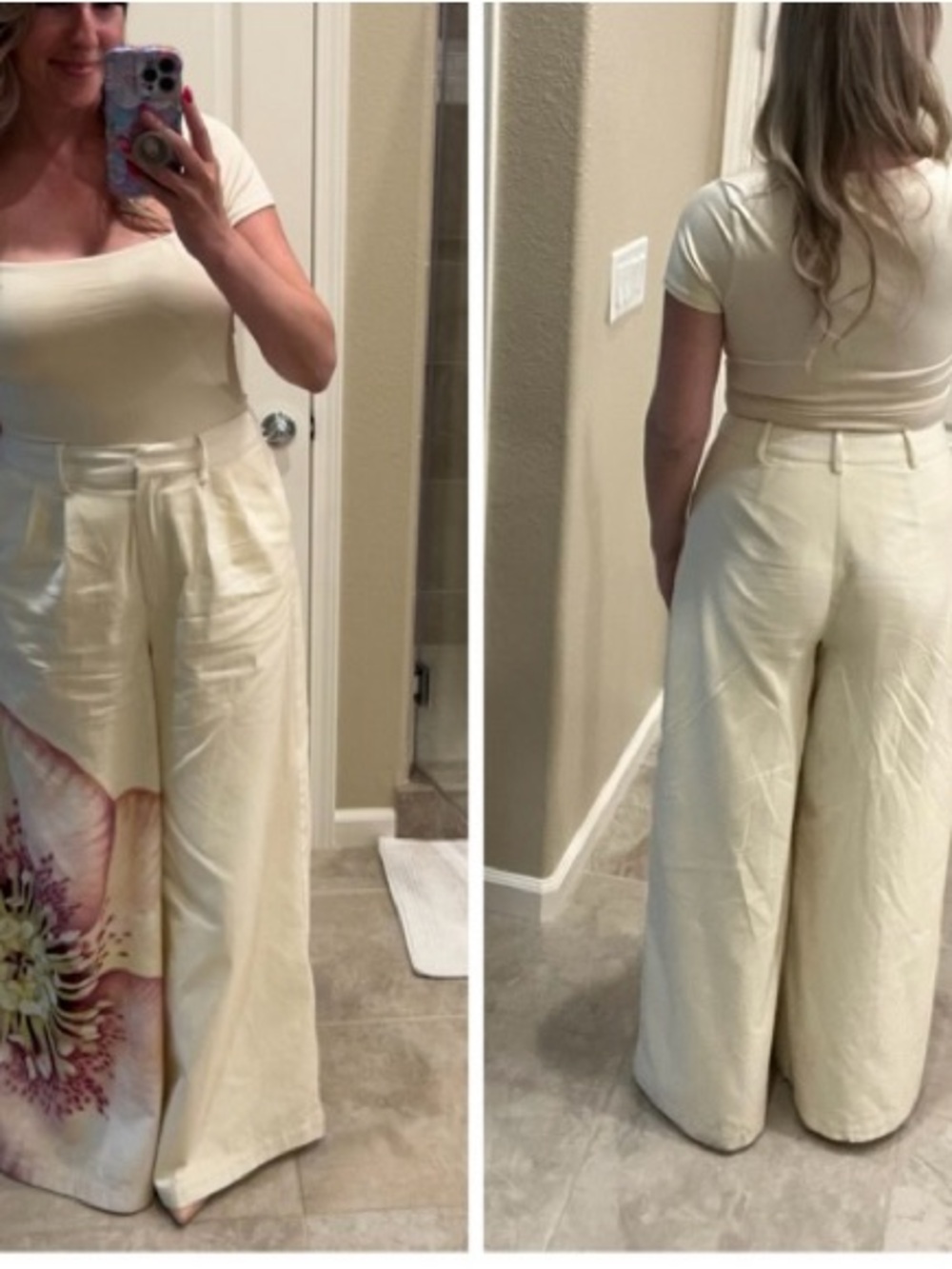 Wide Leg Floral Print Pants in Cream and Pink - Picture 6 of 7